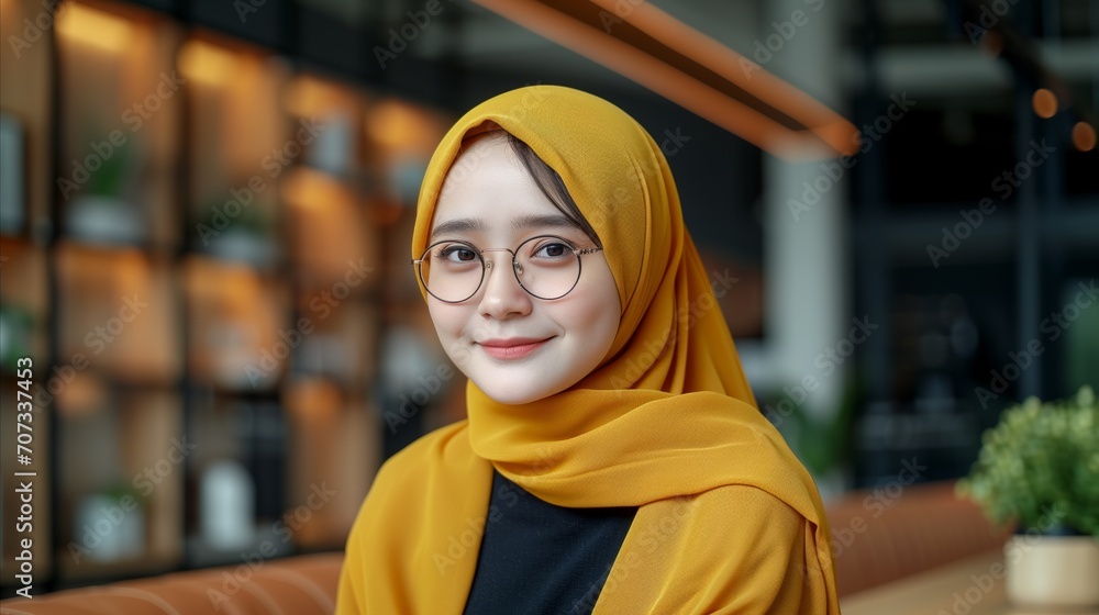 Fotografie Young beautiful muslim girl in the yellow hijab smiling.