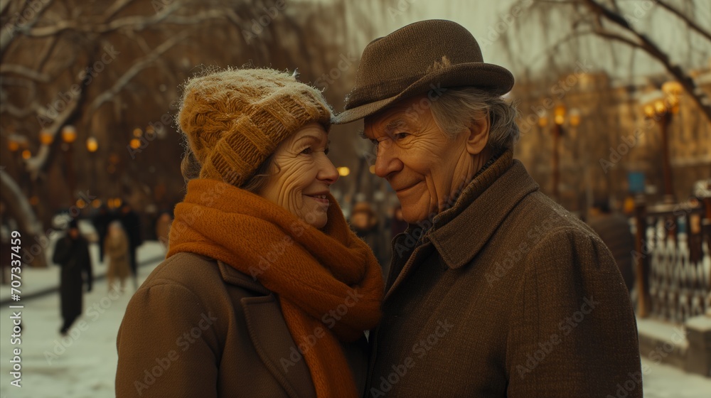 An older couple standing together on a snowy street in winter.