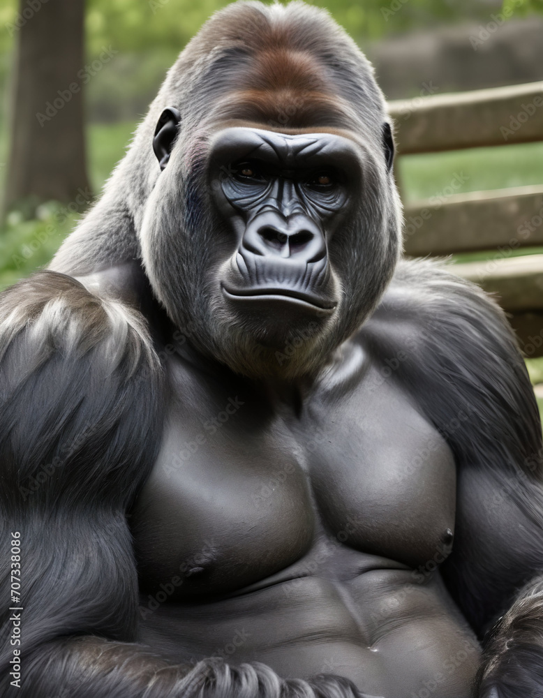 gorilla sits in the park near the bench in spring