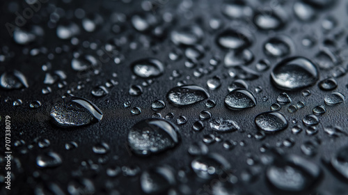Water droplets on a dark, reflective surface.