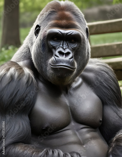 gorilla sits in the park near the bench in spring