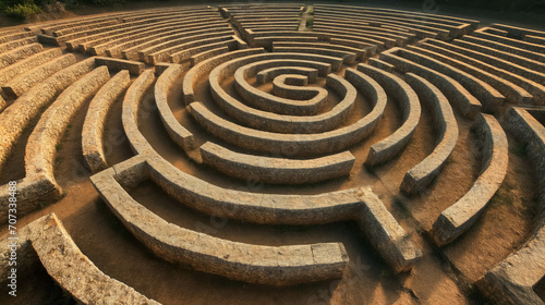 Large circular stone labyrinth at sunset.