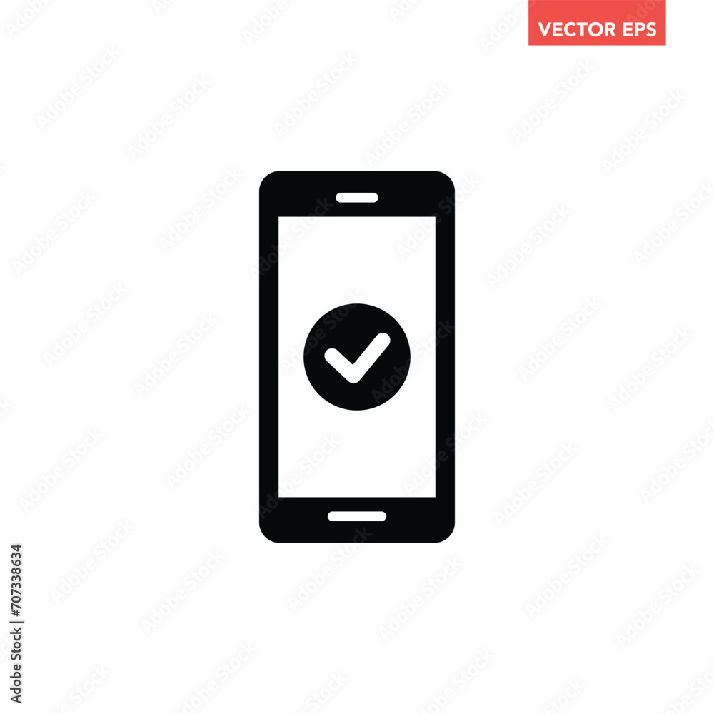 Black single phone with approval sign filled icon, simple successful process flat design pictogram, infographic vector for app logo web button ui ux interface elements isolated on white background Black single phone with approval sign filled icon, simple successful process flat design pictogram, infographic vector for app logo web button ui ux interface elements isolated on white background
