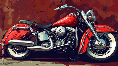  a painting of a red motorcycle parked in front of a red wall with a red and white stripe on the side of the bike and a black handlebars.
