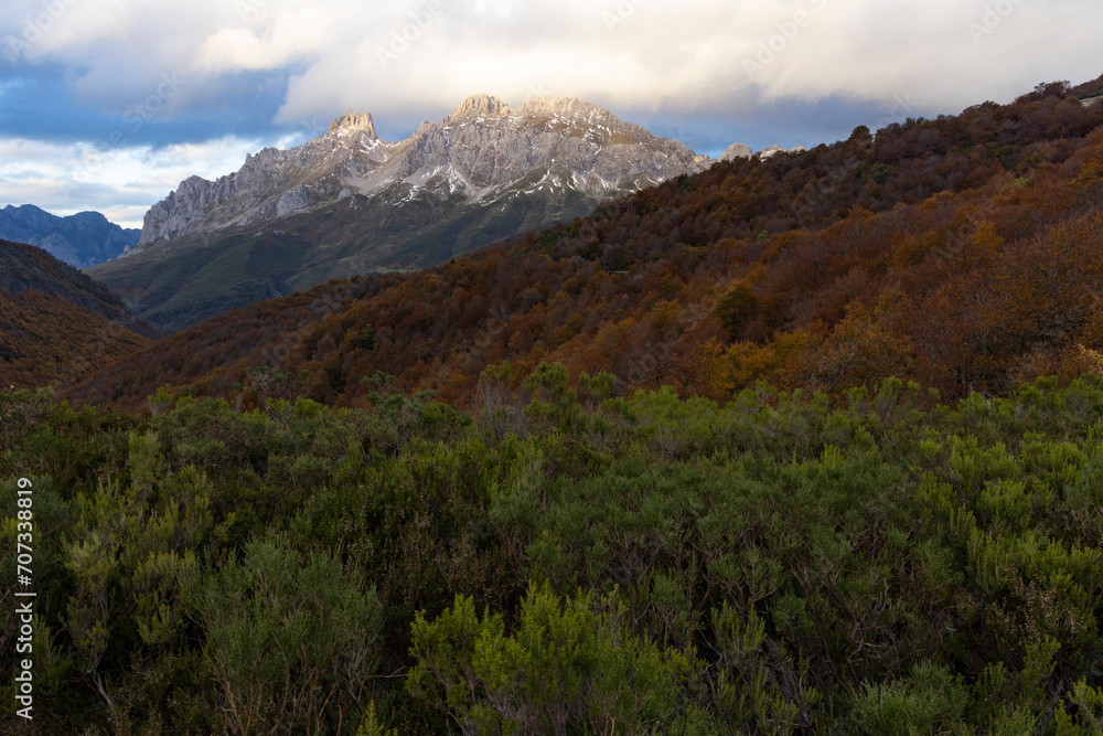 Landscape of Picos de Europa National Park in atumn with peaks and bright forest leaves