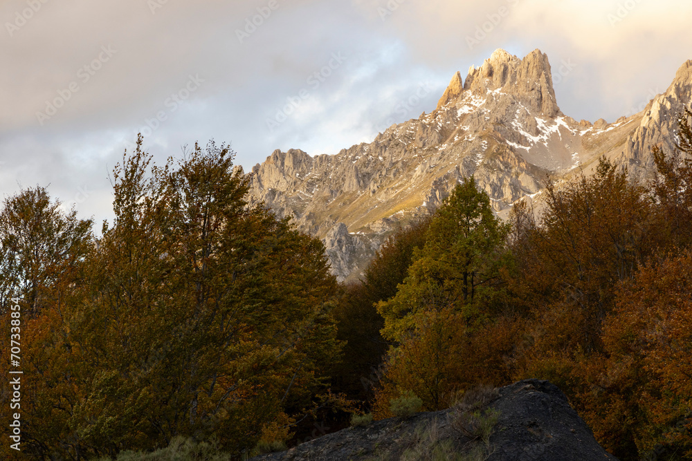 Picos de Europa National park landscape during autumn with colorful foliage leaves and bright mountain ridge