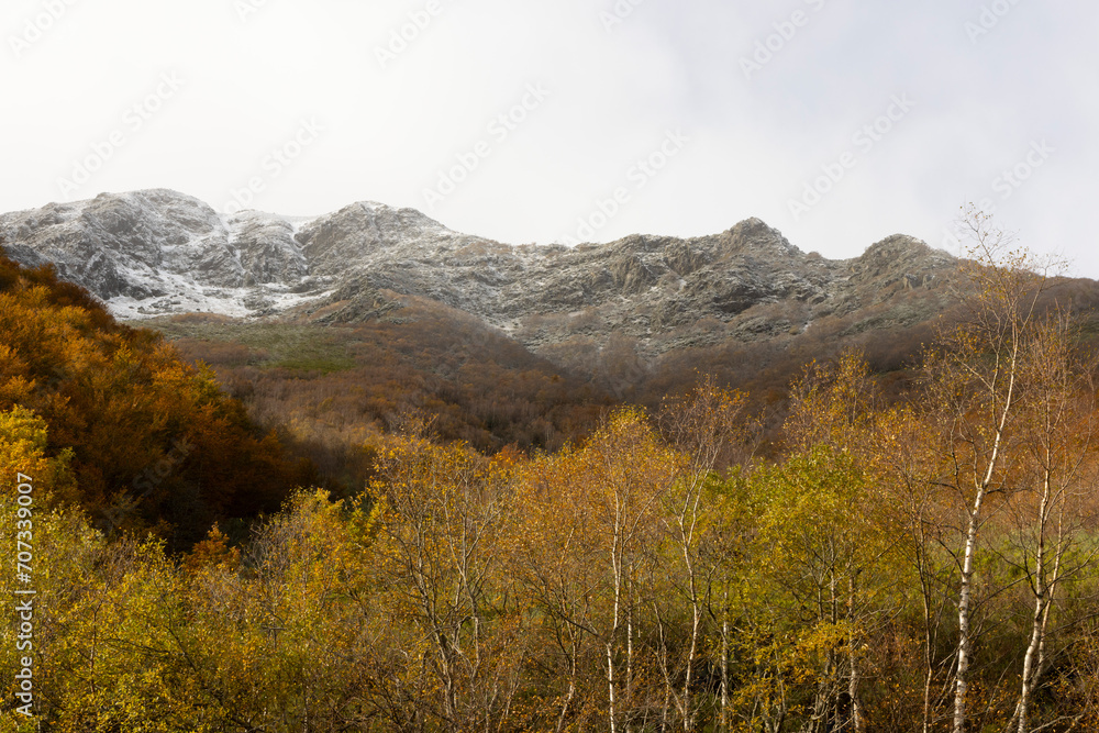 Landscape of Las Ubiñas la Mesa natural park in Cantabrian mountains during autumn with snow on peaks and colorful leaves