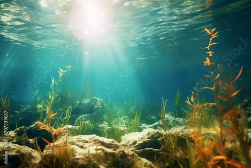 Realistic high-resolution background depicting blurred aquatic scenery with water and plants. Generative AI