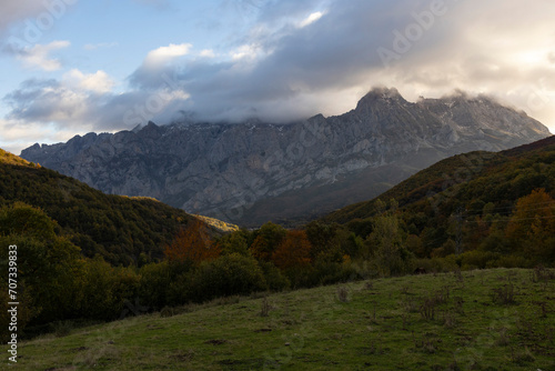 Sunrise landscape over Picos de Europa national park in northern Cantabrian mountains of Spain during bright and sunny autumn day