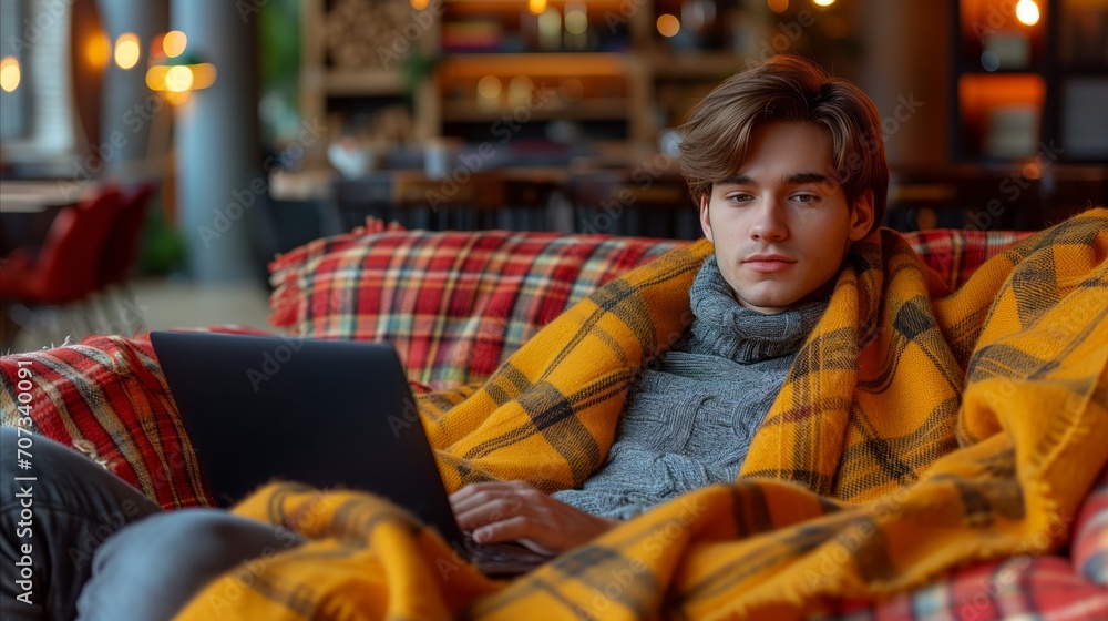 Young man in plaid blanket sitting on sofa with laptop.