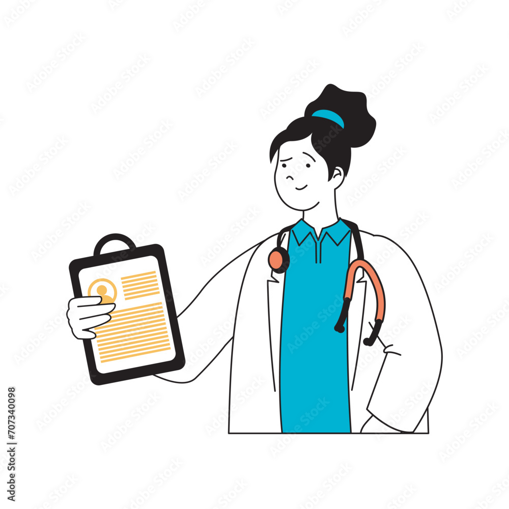 Coronavirus concept with cartoon people in flat design for web. Woman with patient record makes treatment prescription at hospital. Vector illustration for social media banner, marketing material. Coronavirus concept with cartoon people in flat design for web. Woman with patient record makes treatment prescription at hospital. Vector illustration for social media banner, marketing material.