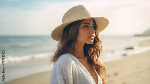 Happy young woman with dark hair wearing a white hat and white dress on blurred seascape background