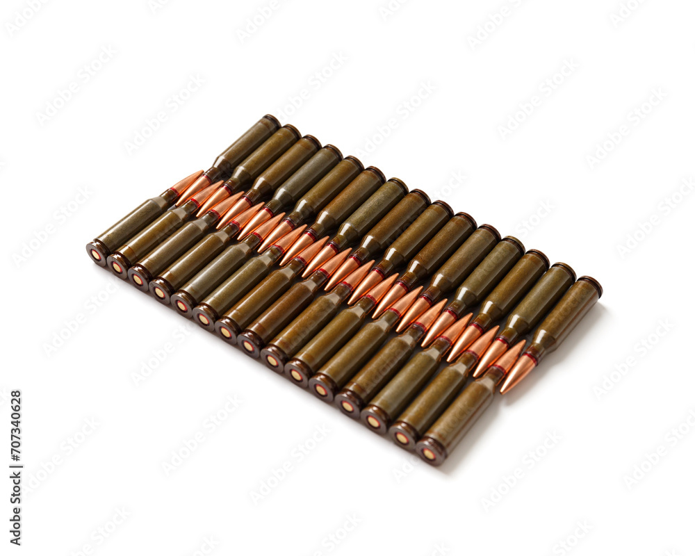 Bullets for firearms, live military cartridges on a white background. Bullets for firearms, live military cartridges on a white background.