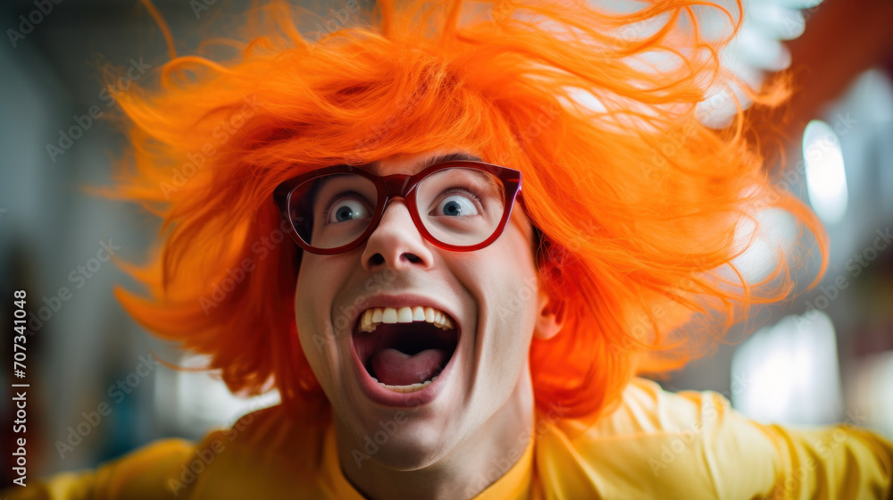 Exuberant person with wild orange hair and oversized glasses, full of energy and surprise, embodying the vibrant essence of April Fool's Day