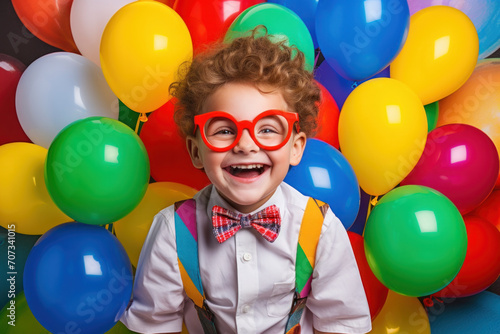 Joyful boy in party attire with large red glasses, surrounded by a burst of colorful balloons, embodying the fun of April Fool's Day