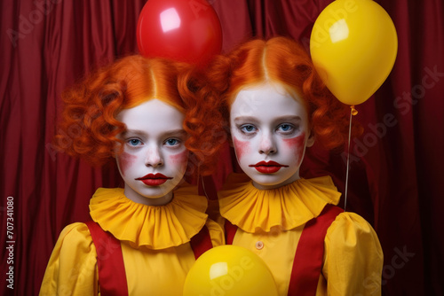 Twins in vibrant clown costumes with red hair and artistic makeup, holding balloons against a draped red background, evoking a theatrical mood