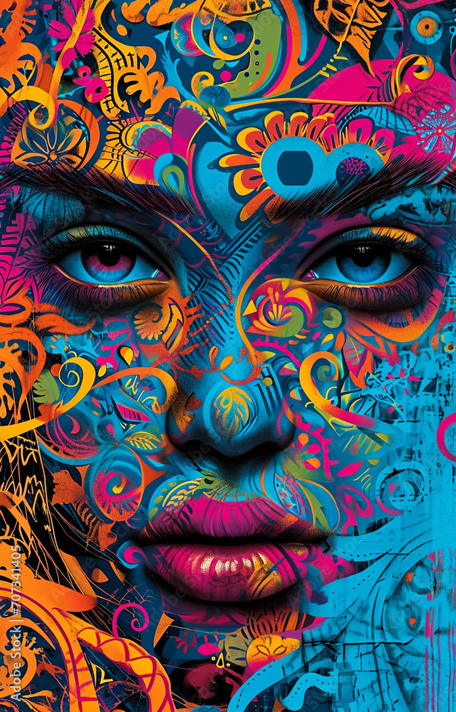 Abstract woman face Illustrated, in colorful Mandala pattern, cubism art, Maori Art Abstract woman face Illustrated, in colorful Mandala pattern, cubism art, Maori Art