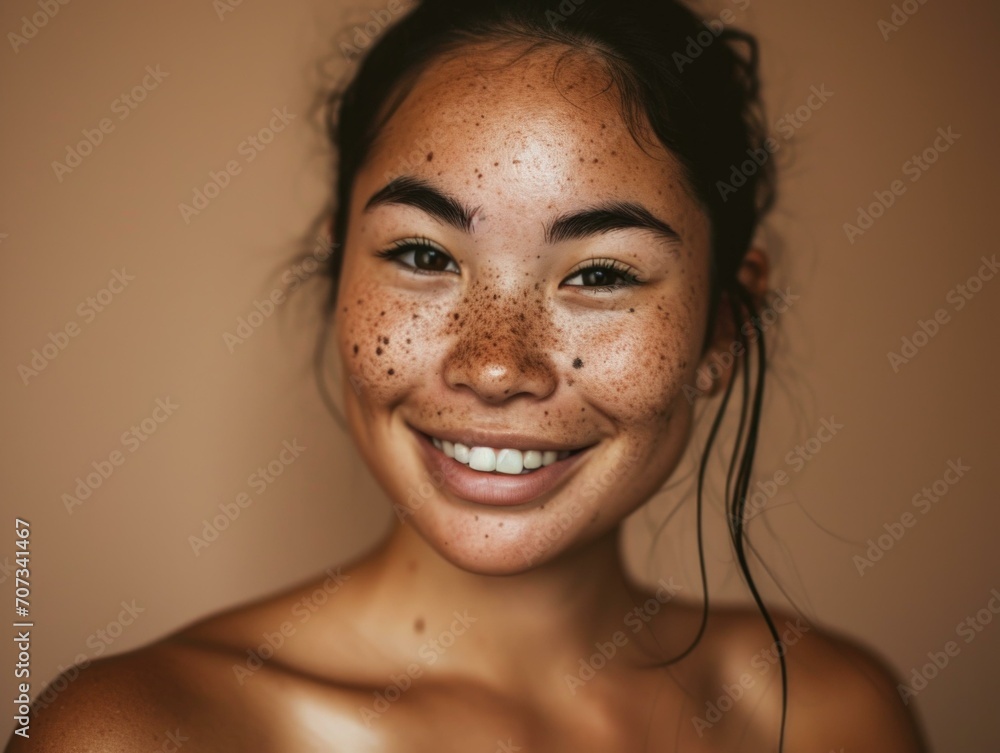 A woman with freckles on her face. Generative AI. A woman with freckles on her face. Generative AI.