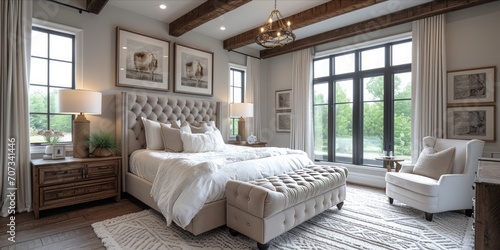 A Modern Bedroom in a Farmhouse Showcasing French Country Interior Design, Where Cleaned-Up Stylishness Meets Cozy Comfort, Generative AI