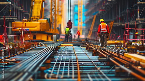 Uma cena dinâmica de construção de ponte de aço com guindastes e trabalhadores montando seções mostrando a expertise em engenharia no desenvolvimento de infraestrutura photo