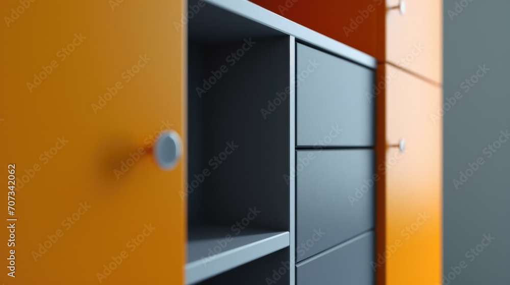 A close up of a cabinet with orange and gray doors. Generative AI. A close up of a cabinet with orange and gray doors. Generative AI.