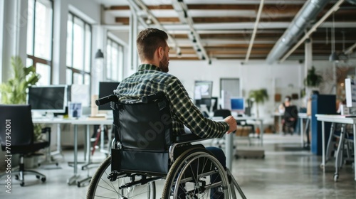 A man in a wheelchair in an office. Generative AI. photo