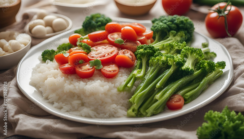 A nutritious dinner with green vegetables, juicy red tomatoes and a side of fluffy rice on one plate, ensuring a healthy diet. A nutritious dinner with green vegetables, juicy red tomatoes and a side of fluffy rice on one plate, ensuring a healthy diet.
