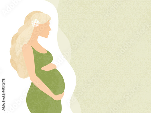 A green illustration of a pregnant blonde woman and copy space, in a cut paper style with textures
