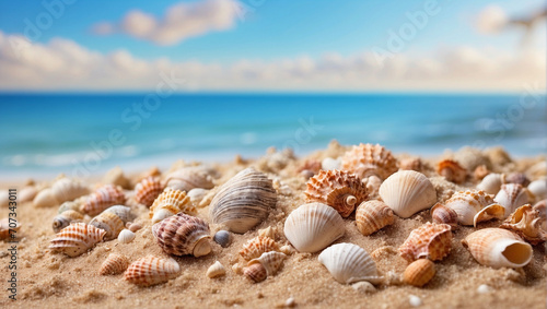 beach sand decorated with several shells on a blurry beach background. For product display © adynue