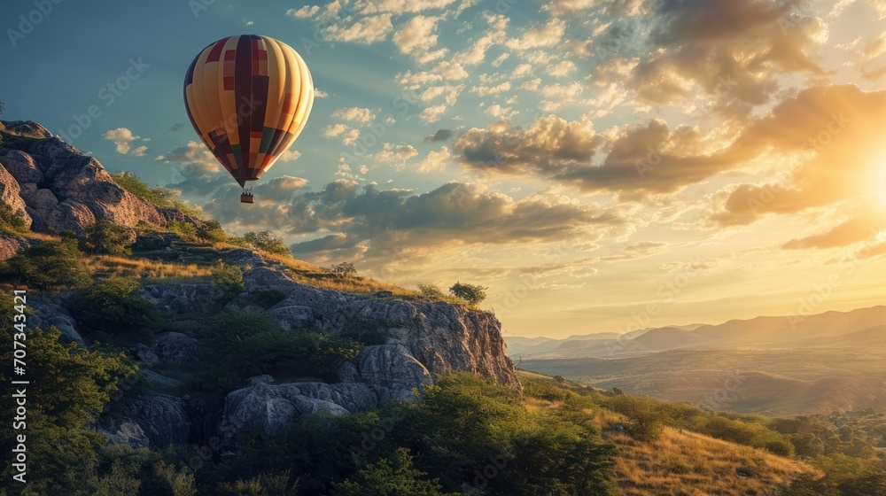 a hot air balloon flying over a lush green hillside under a cloudy blue sky with the sun peeking through the clouds over a valley with rocks and trees on the side.