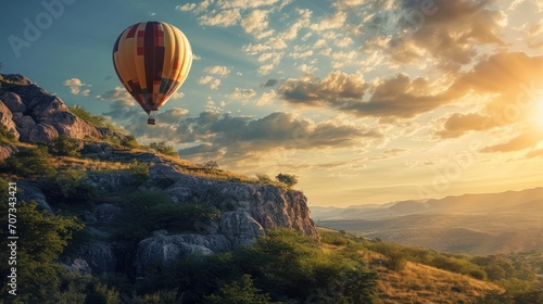  a hot air balloon flying over a lush green hillside under a cloudy blue sky with the sun peeking through the clouds over a valley with rocks and trees on the side. photo