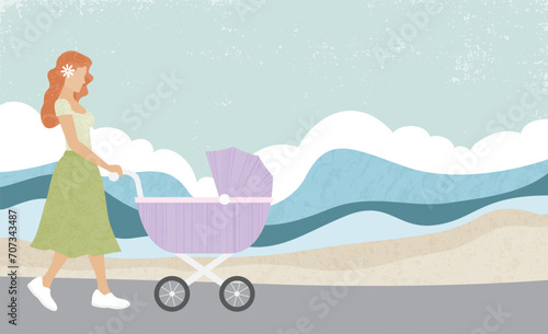 A woman pushing a baby carriage near an abstract beach scene, in a cut paper style with textures
