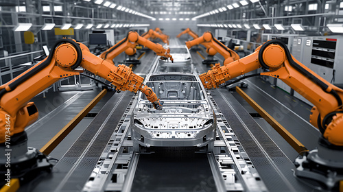 Uma cena dinâmica em uma linha de montagem automotiva mostrando robôs e trabalhadores montando veículos enfatizando a eficiência no setor de fabricação automotiva photo