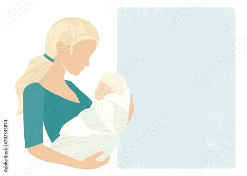 A blond woman holding a newborn baby, in a cut paper style with textures
