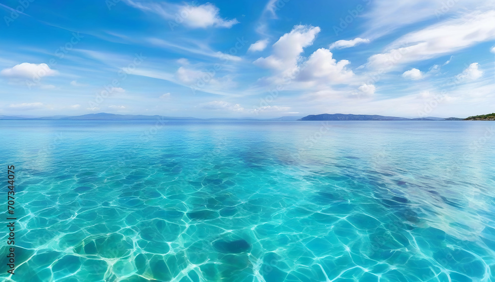 Crystal clear sea water bay. Pristine ocean lagoon sunny cloudy sky, idyllic relaxing seascape. Transparent surface, exotic travel. tropics Mediterranean nature panorama. - obrazy, fototapety, plakaty 