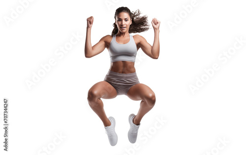 Energetic young woman doing jumping jacks during exercise. Dynamic Young Lady Engaging in Jumping Jacks for Fitness isolated on transparent background.