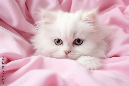 portrait of a white fluffy cat in a pink blanket