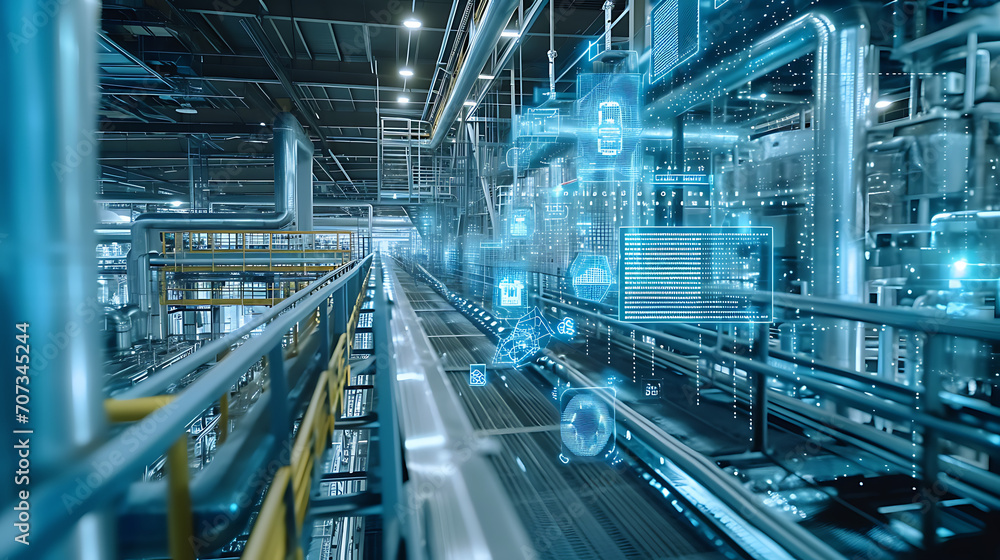 Uma fábrica inteligente futurista com tecnologia da Internet das Coisas (IoT), ilustrando a conectividade e automação em ambientes industriais modernos.