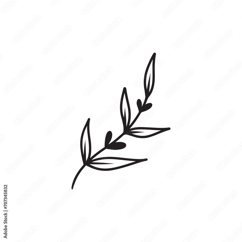 Abstract beautiful branch with leaves and hearts in black isolated on white background. Hand drawn vector sketch illustration in doodle vintage engraved outline, line art style. Botanical, floral. Abstract beautiful branch with leaves and hearts in black isolated on white background. Hand drawn vector sketch illustration in doodle vintage engraved outline, line art style. Botanical, floral.