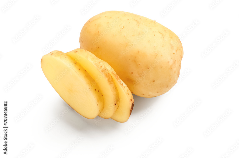 Slices of raw baby potatoes on white background