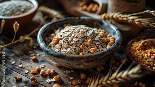bowl of raw uncooked oatmeal grains and nuts surrounded by stalks of wheat and nuts  