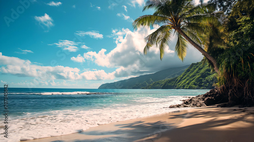 beach with palm tree and ocean tropical paradise