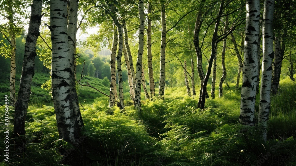 Fototapeta premium a forest filled with lots of green grass and lots of tall trees in the middle of a lush green forest filled with lots of green grass and lots of tall trees.
