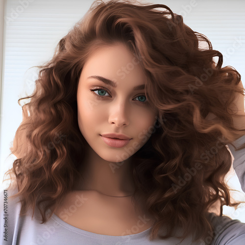 Portrait of a young beautiful brunette woman with volumetric curls on a white background.