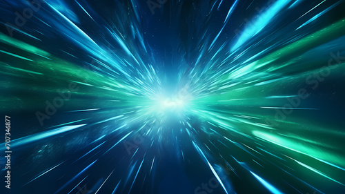 Abstract background in blue green and white neon glow colors. Speed of light in galaxy. Explosion in universe photo