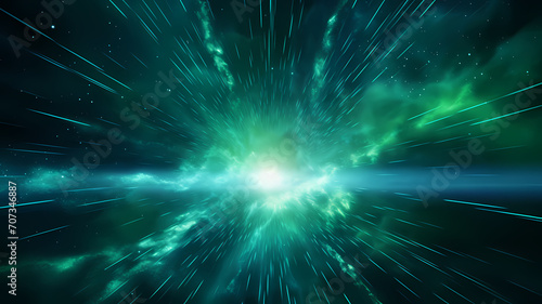 Abstract background in blue green and white neon glow colors. Speed of light in galaxy. Explosion in universe