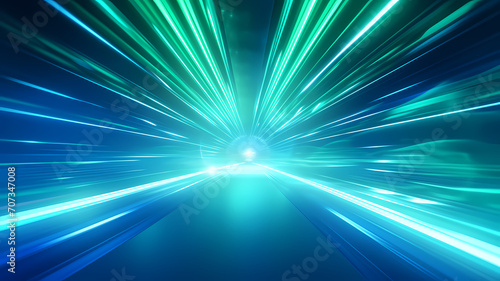 Abstract futuristic background portal tunnel with white blue and green glowing neon moving high speed wave lines and flare lights