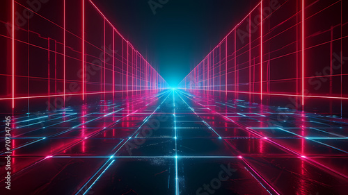 Cyan blue and red grids neon glow light grid backdrop design with creativity, virtual reality concept, hi-tech abstract backgroud photo