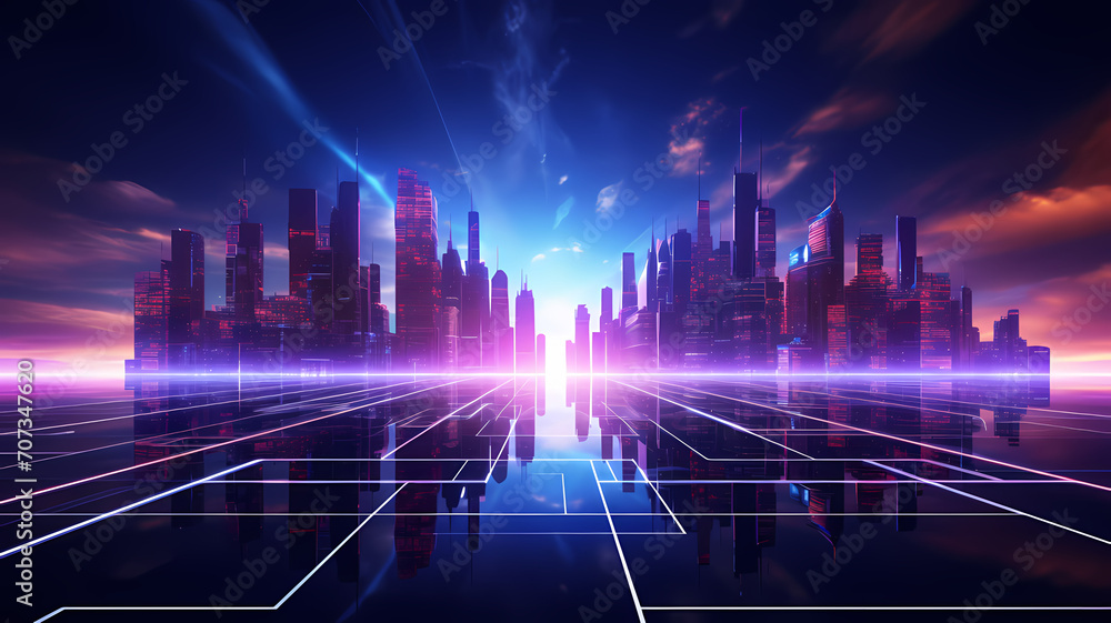 Future technology grid background and light effect, cyberpunk style background with the concept of technology as an illustration