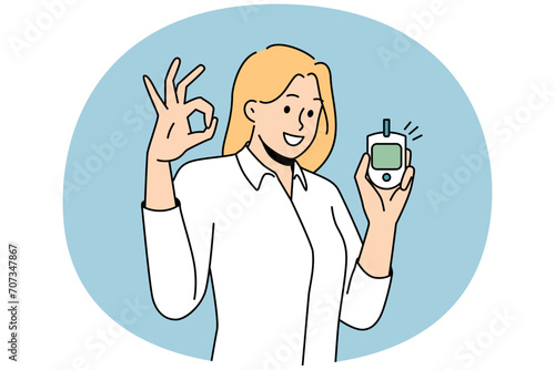 Smiling young woman holding sugar blood test monitor showing all right hand gesture. Happy healthy female satisfied with glucose level. Healthcare concept. Vector illustration.
